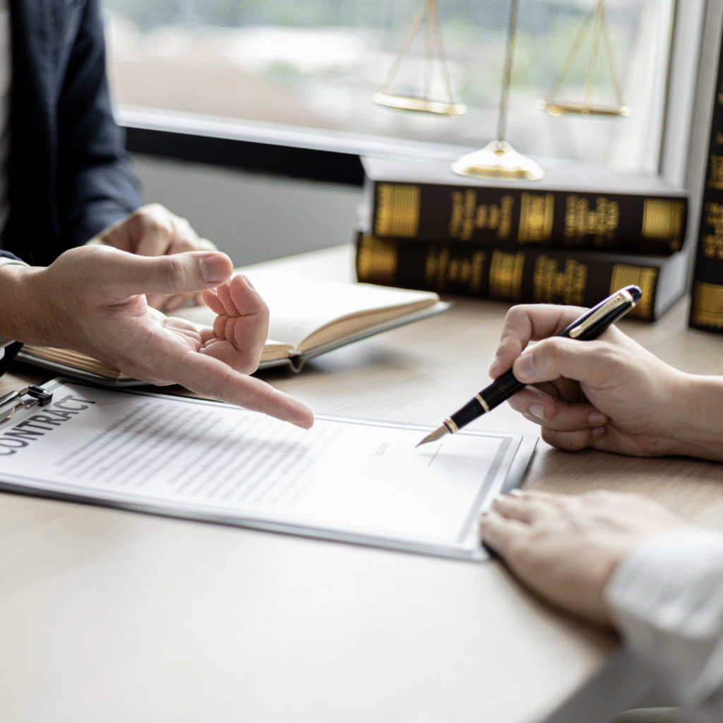 Abogados delito de daños explicando contrato legal Abogado especializado en delito de daños revisando contrato legal con el cliente